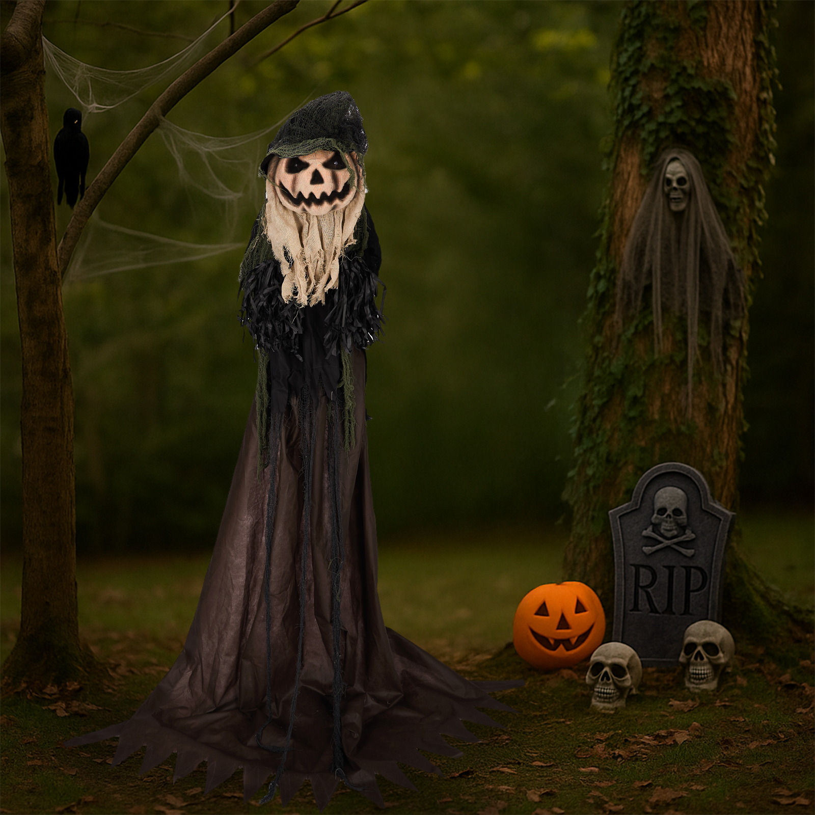 5.7ft Halloween Decorations Outdoor Life Size Animatronics Wizard With Pumpkin Face,Sound-Actived Party Decor With Creepy Sound ,Scary Haunted House Props For Garden Yard Lawn
