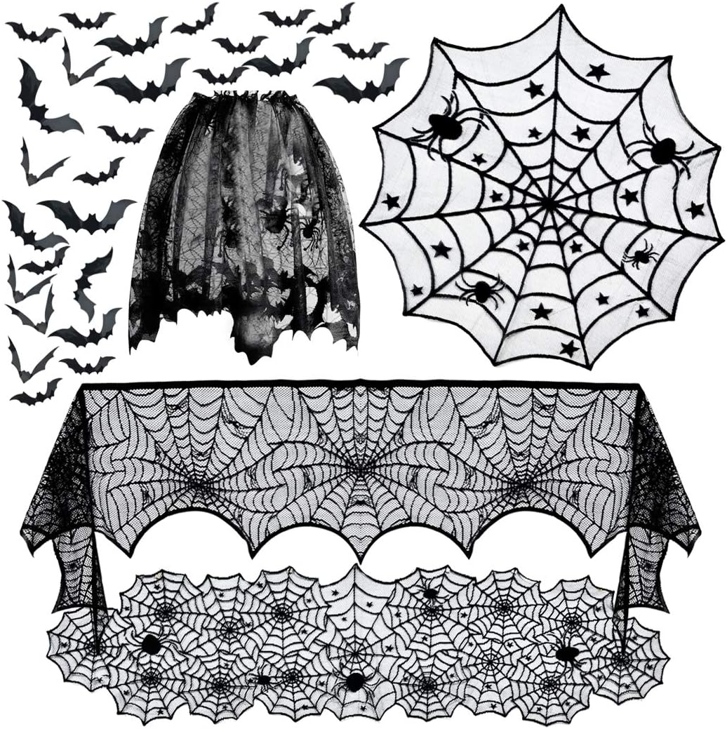 Halloween Spiderweb Tablecloth Runner 5 Units, Black Lace Cobweb Table Cover With 36 3D Bats For Party Mantel Decor