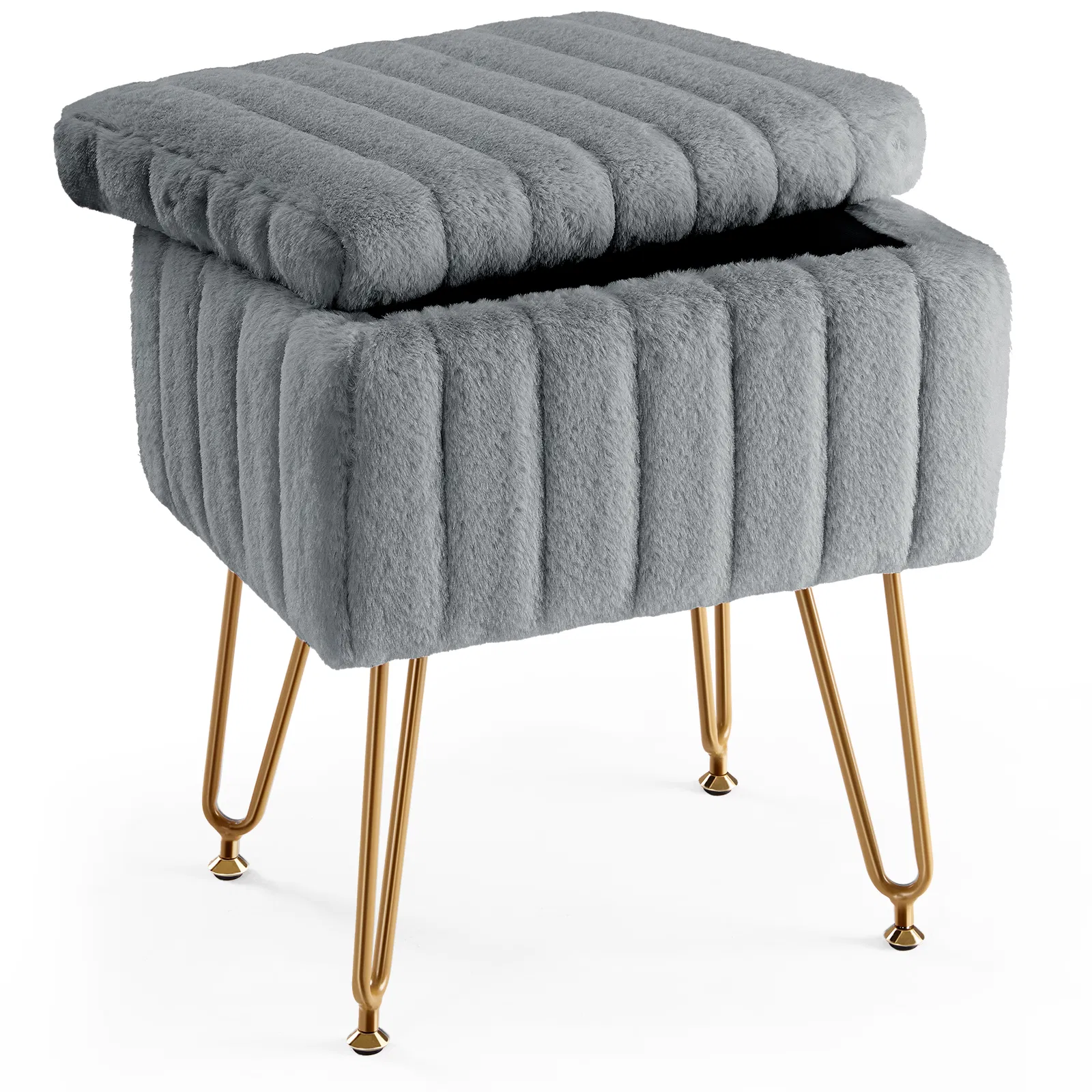 Vanity Stool Chair with Storage, Ottoman Faux Fur Soft Padded Makeup Footstools Seat with…