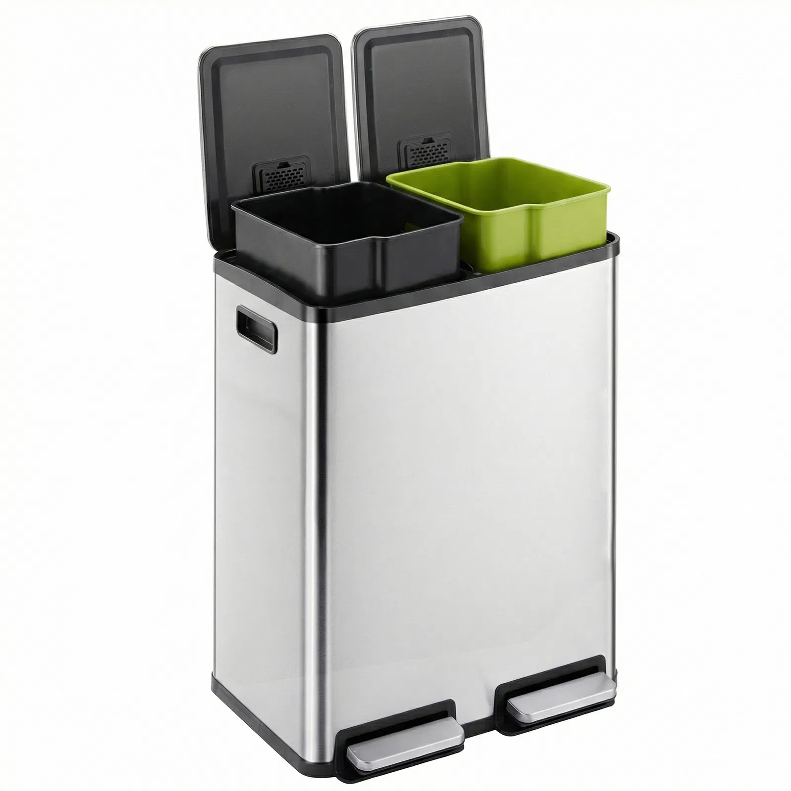 Trash Can with Lid - Large 60 Liter Stainless Steel Trash Can, Dual Compartment Plastic…