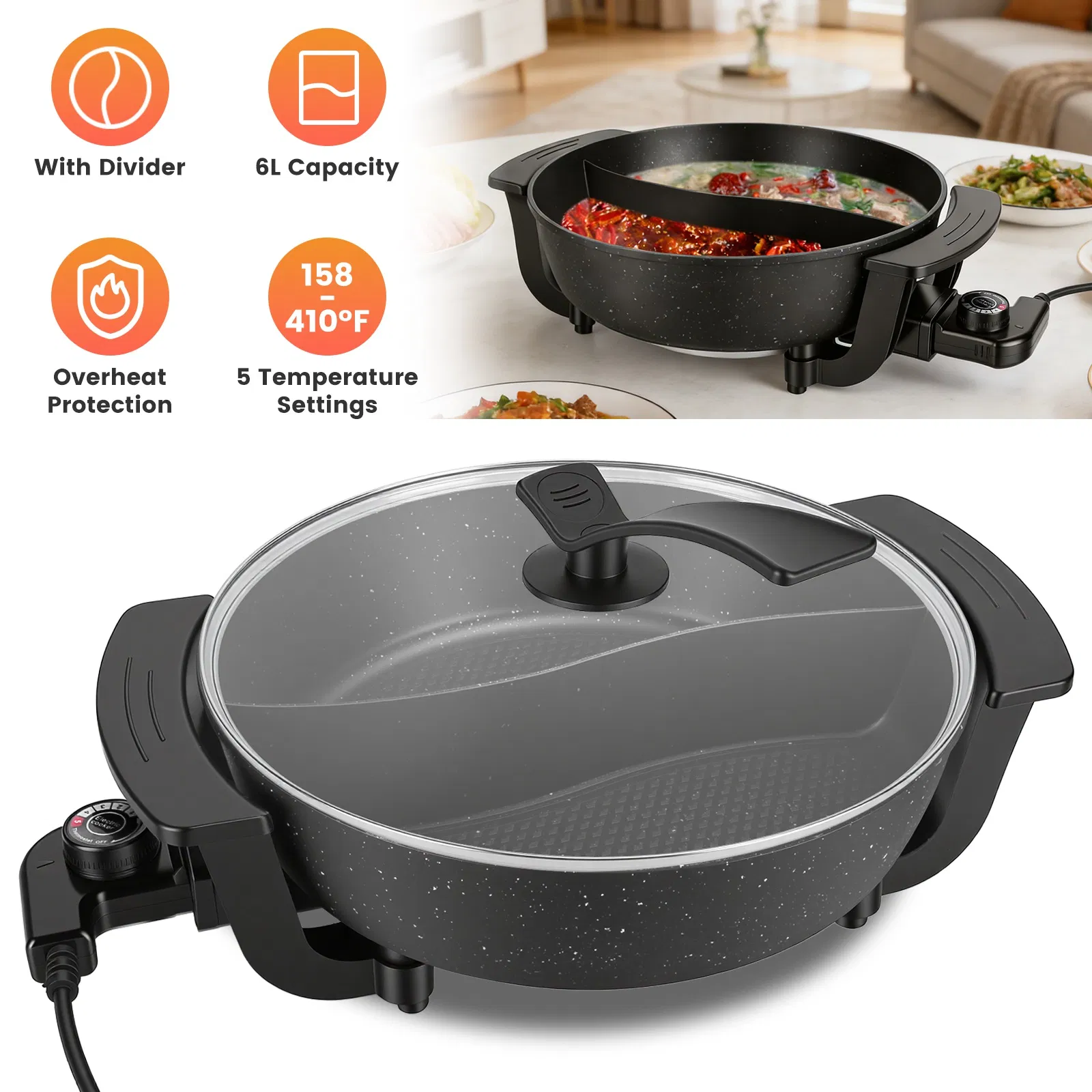 Dual-Flavor Electric Hot Pot 6L with Divider, 5 Temperature Control Non-Stick Shabu Pot…