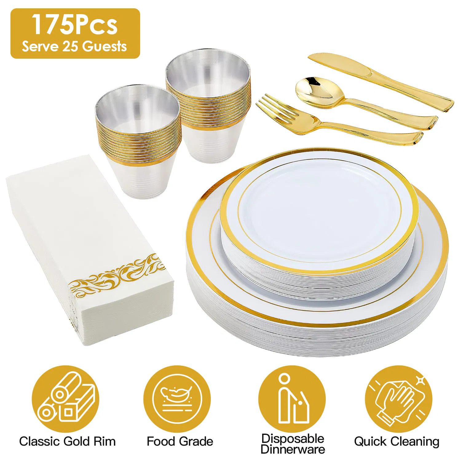 175-Pack Disposable Gold Rim Dinnerware Set for 25 Guests - Premium Plastic Plates Cups…