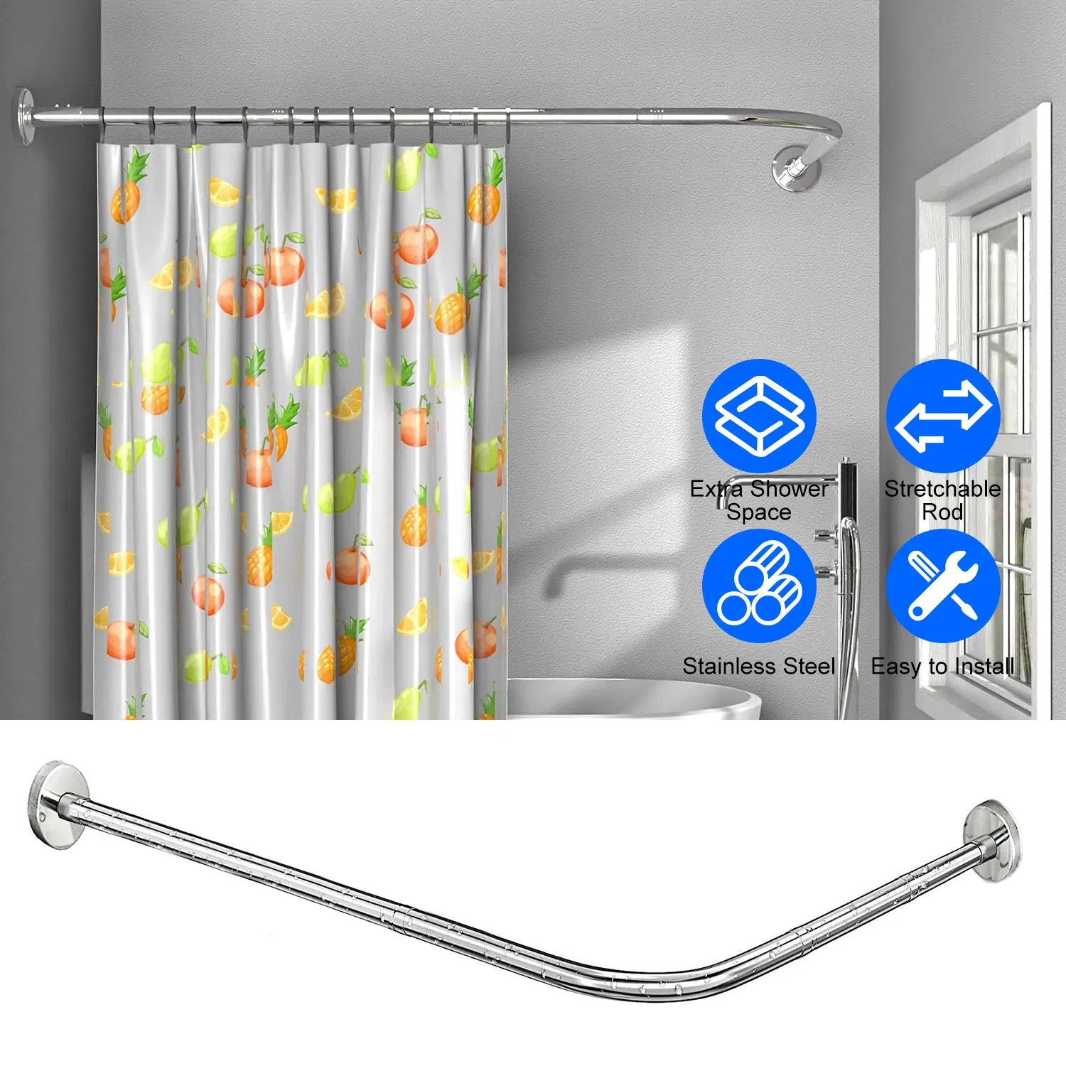 Adjustable L - Shaped Curved Shower Rod, Premium Stainless Steel Rust - Resistant Shower…