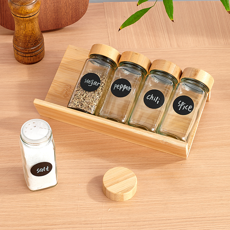 Glass Spice Jars Set With Bamboo Lids & Bamboo Tray, Square Glass Seasoning Container…