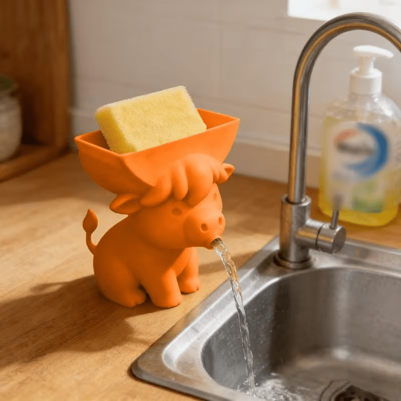 Cute Cow Sponge Holder, Kitchen Sink Organizer With Drain Spout, Animal Shaped Sponge…