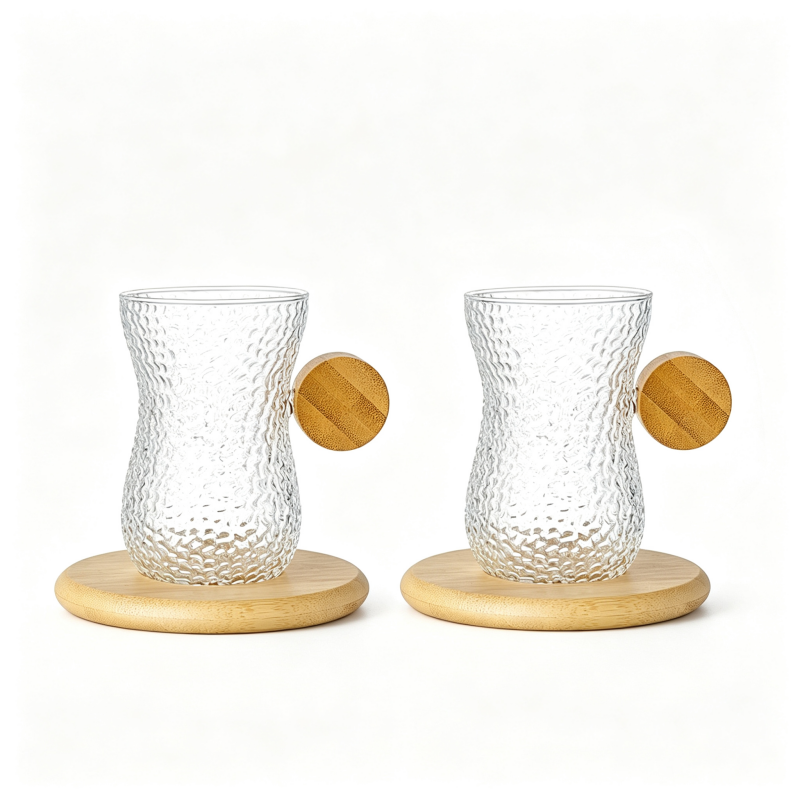 Textured Glass Tea Cup With Bamboo Handle & Bamboo Saucer, 2 Sets Glass Tea Cup And…