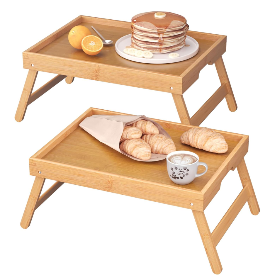 Fibogollo 2 Pack Bamboo Bed Tray Table With Folding Legs,Breakfast Trays,Serving Tray For…