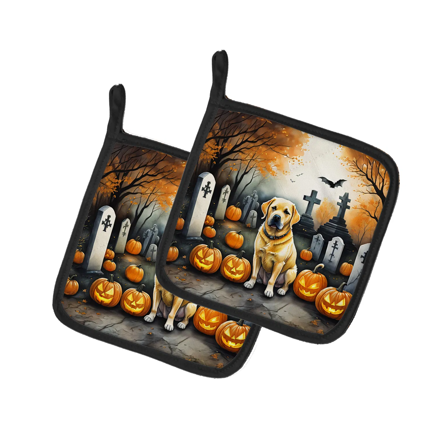 Yellow Labrador Retriever Spooky Halloween Pair of Pot Holders Kitchen Heat Resistant Pot…