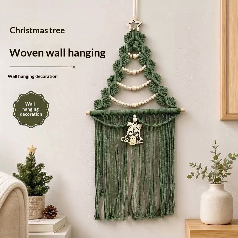 Handwoven Tassel Tapestry With Wooden Beads And Bells For Christmas Tree Decorations