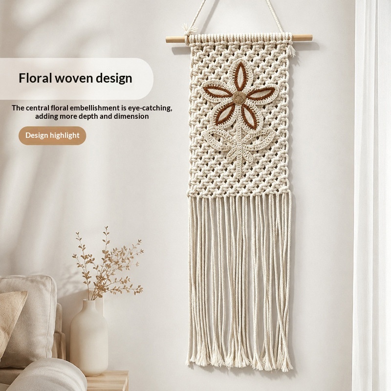 Bohemian-style Woven Floral Tapestry, Nordic Tassel Design