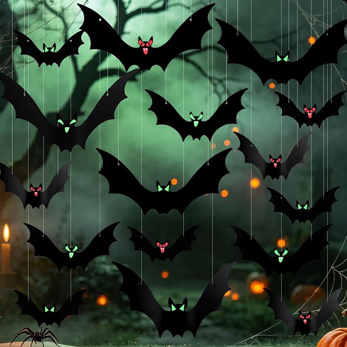 16-Piece Halloween Hanging Bat Decorations With Glowing Eyes For Indoor And Outdoor…