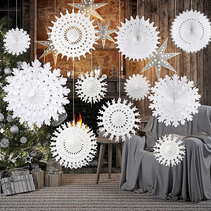 16-Piece White Paper Snowflake Decorations Assorted Sizes For Christmas, Winter Wedding…