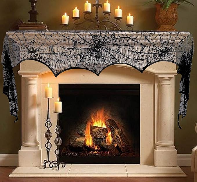 Black Lace Spiderweb Fireplace Mantle Scarf 18x96 Inch Halloween Cobweb Decoration For…