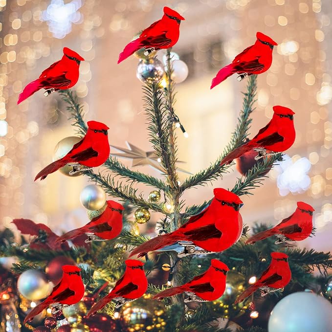 12-Piece Red Cardinal Clip-On Christmas Tree Ornaments With Feather Design 2.8-Inch…