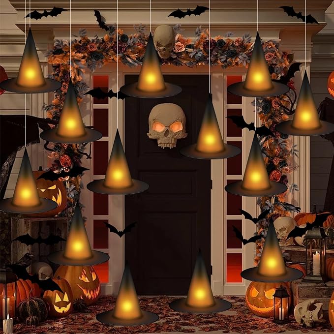 12-Piece Light-Up Halloween Witch Hats With Tea Lights, 3D Bats And Hanging Rope For…