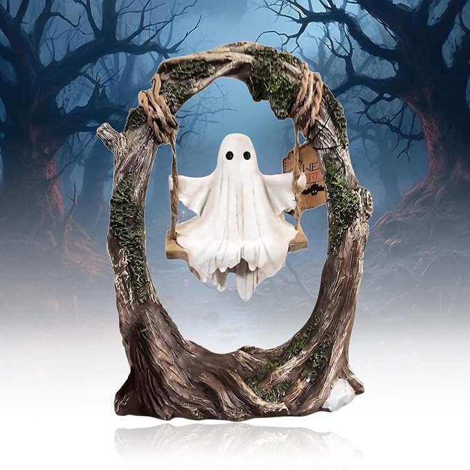 Halloween Ghost On Tree Swing Figurine Cute Swinging Ghost Statue For Desktop Shelf…