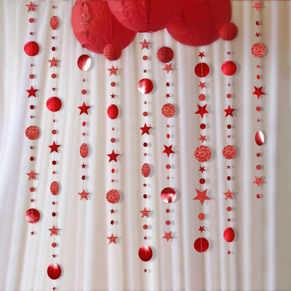 Red Circle Dot And Star Garlands Metallic Hanging Bunting For Christmas, New Year…