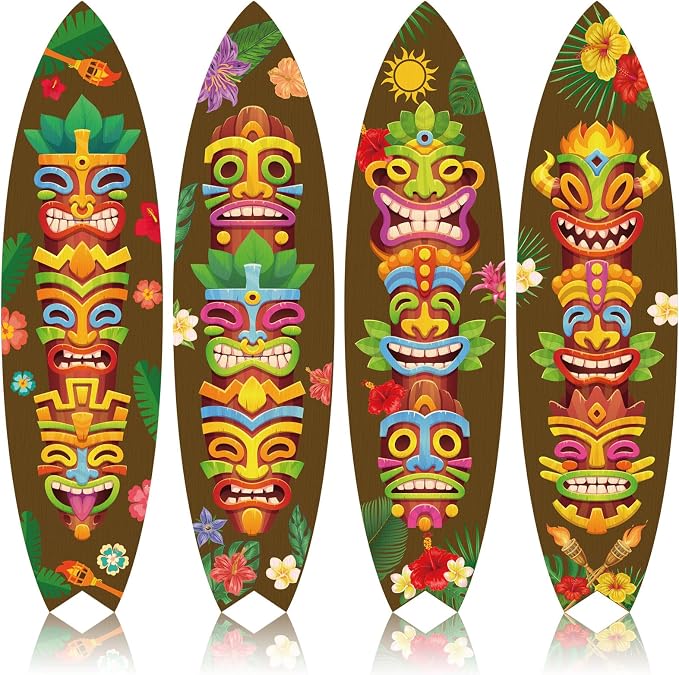4-Piece Wooden Surfboard Wall Decor Tropical Beach Hanging Signs For Hawaiian Luau Home…