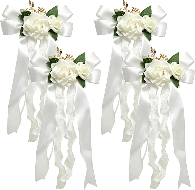 4-Piece White Artificial Flower Bouquets For Wedding Car Door Handle And Celebration…