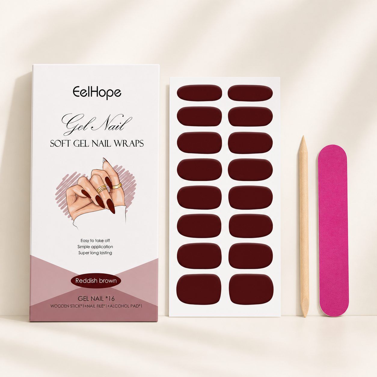 EELHOPE Soft Gel Nail Sticker Set, Red Brown, 1 Set