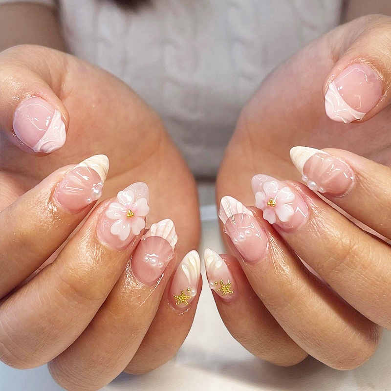 Three-dimensional Flower Pearl Shell Wearable Handmade Nail Art Tips