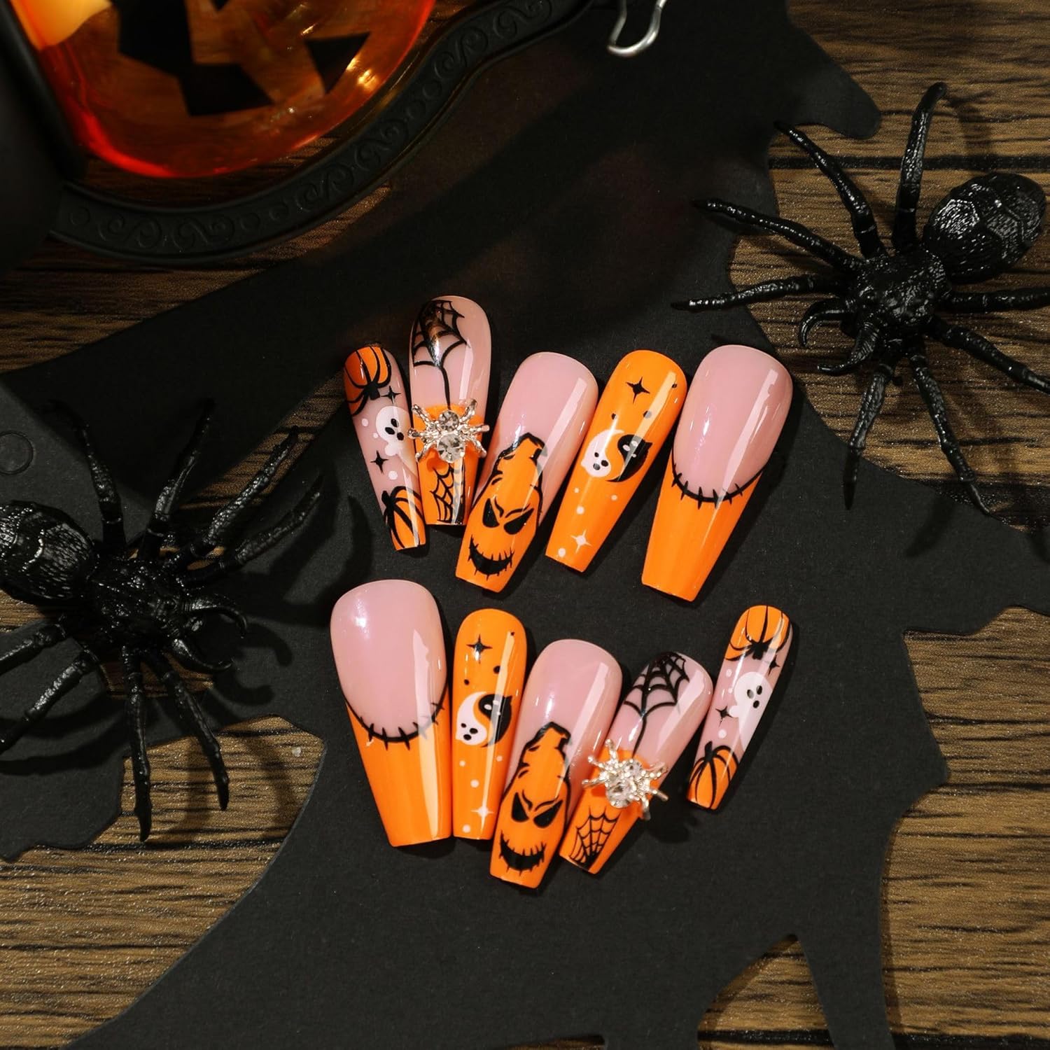 24-Pack Halloween Press On Nails, Medium Ballerina False Nails, Cute Pumpkin Ghost Spider…