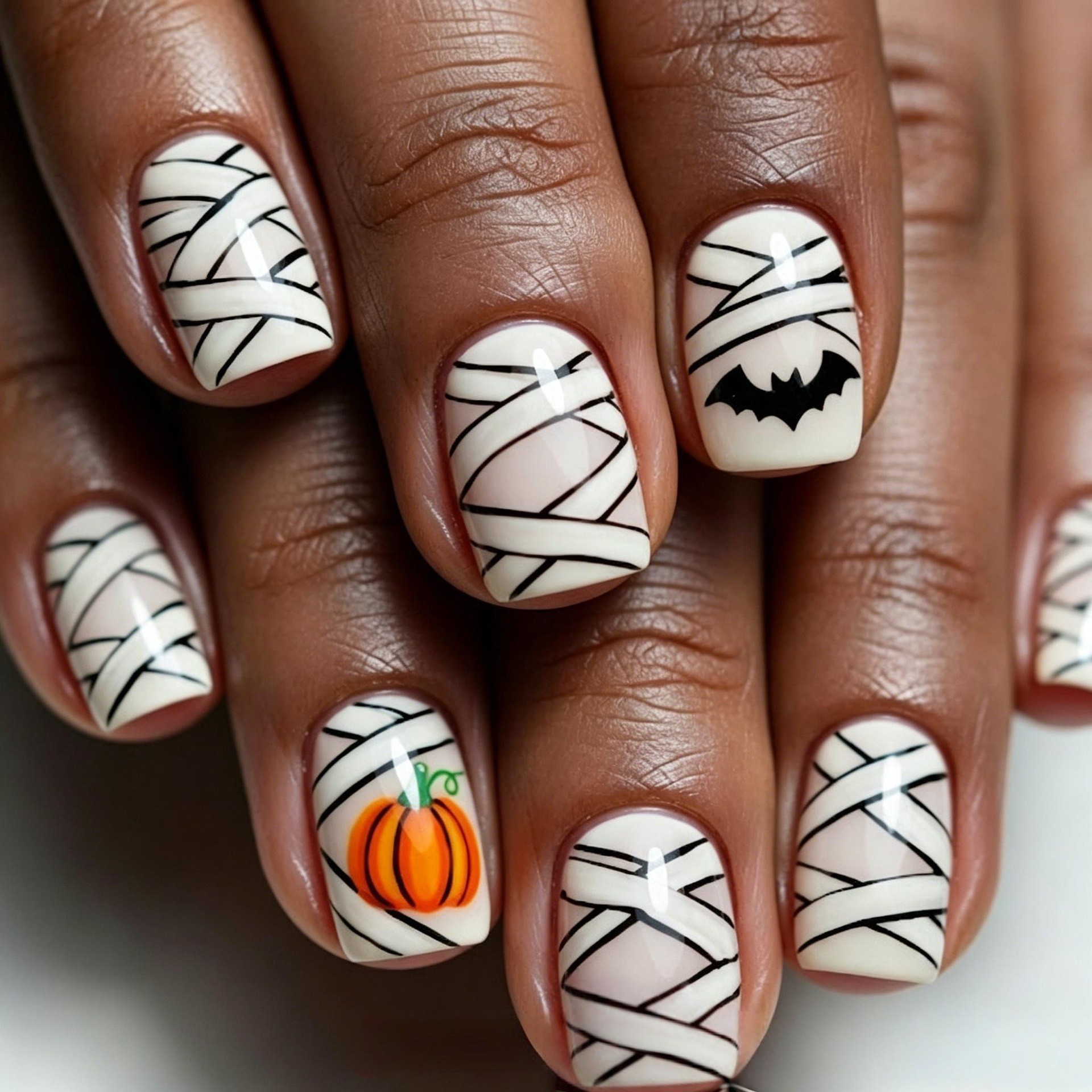 Mummy Bandage Pumpkin Bat Halloween Wearable Nails