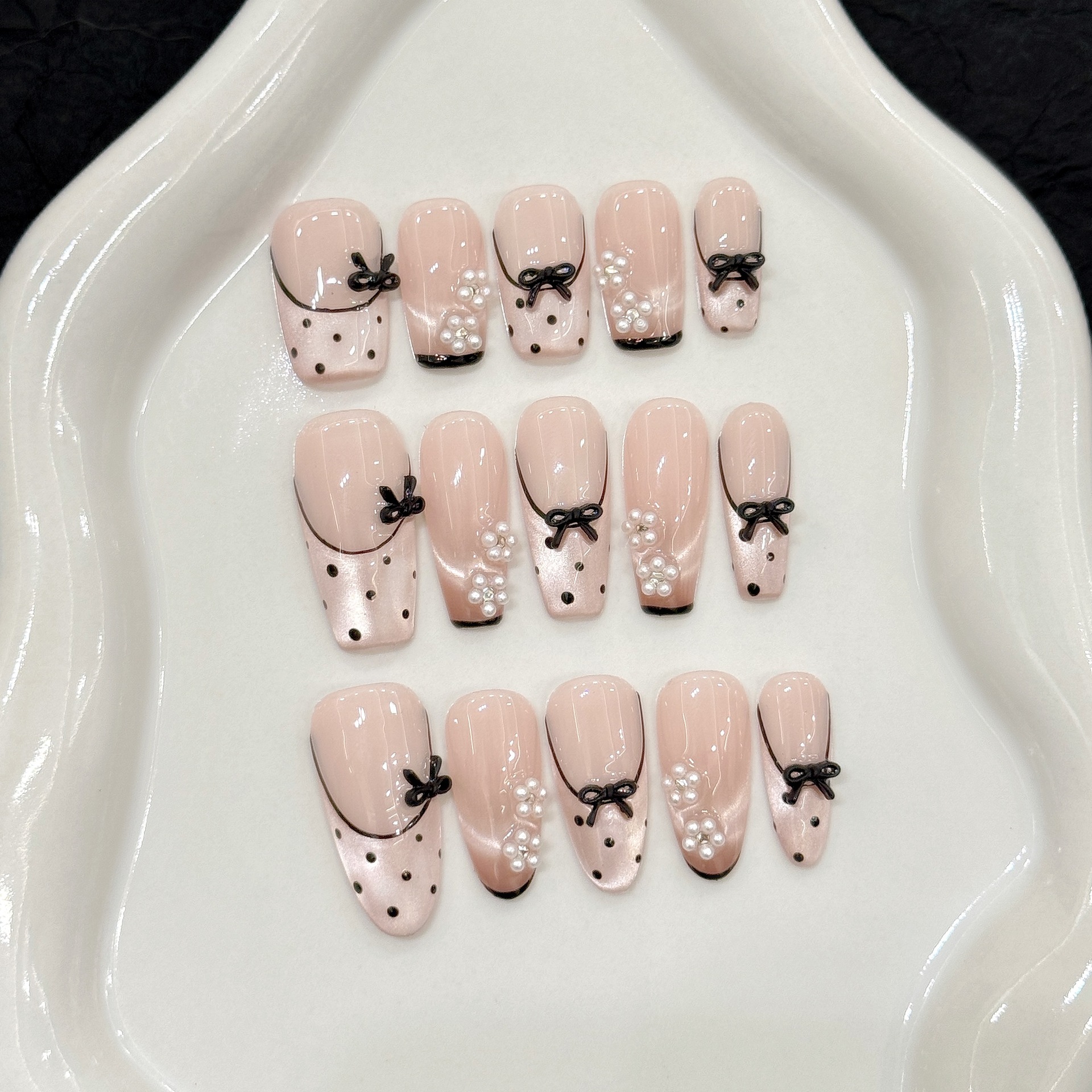 Hand-Painted Cat-Eye Lace-Trimmed French Polka-Dot Nail Stickers Purely Handmade Wearable…