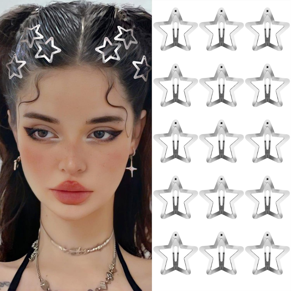 15-Pack Star Hair Clips, Y2K 2000s Snap Hair Barrettes, Non-Slip Silver Metal Star Hair…