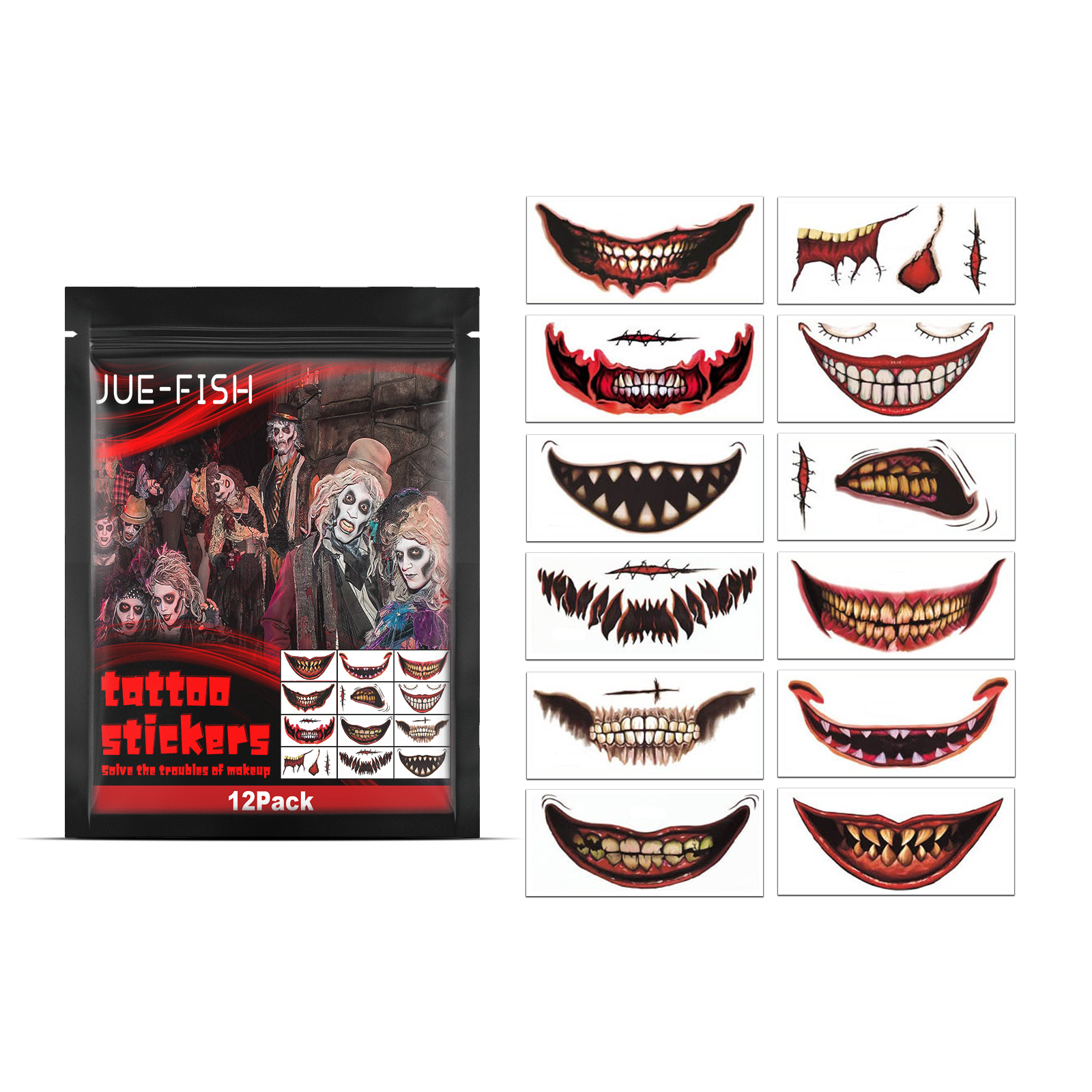 Halloween Mouth Temporary Tattoos, Scary Clown Mouth Face Tattoo Stickers For Halloween…