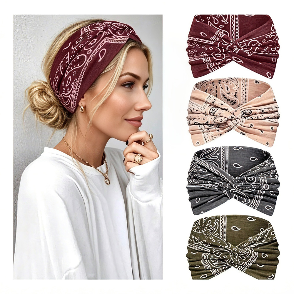 4 Pack Boho Paisley Wide Headbands For Women, Vintage Knotted Elastic Non Slip Sweat Head…