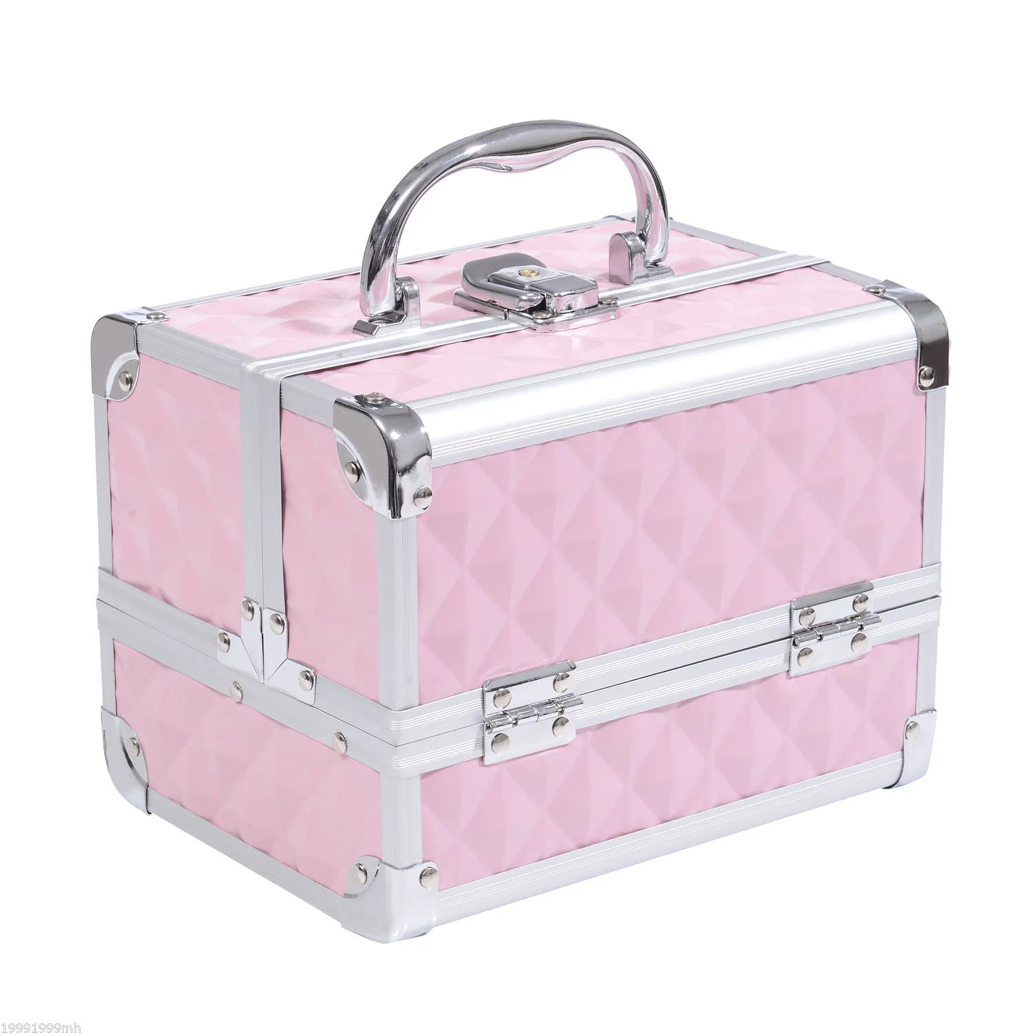 Cosmetic Train Case 3 Tier Diamond Texture Organizer with Mirror Portable Pink 8"x6"x6"