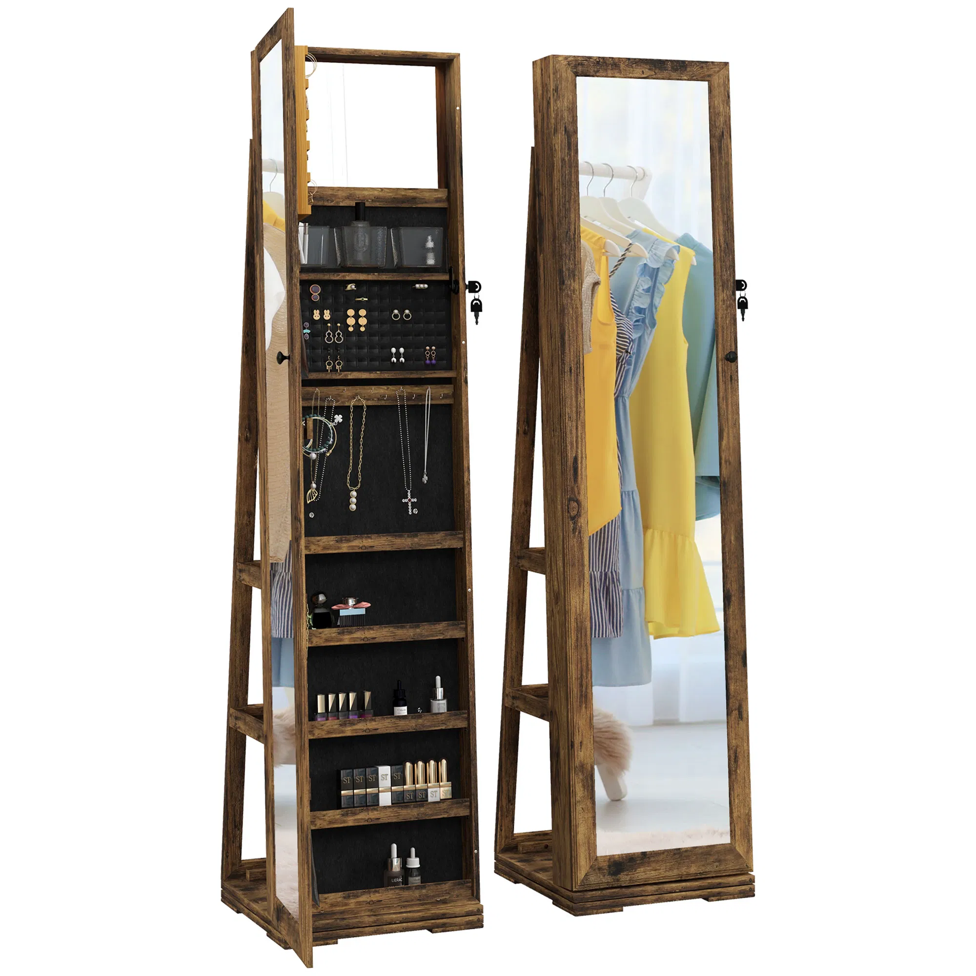 Swivel Jewelry Armoire, Lockable Mirror Jewelry Cabinet with Built-In Small Mirror…