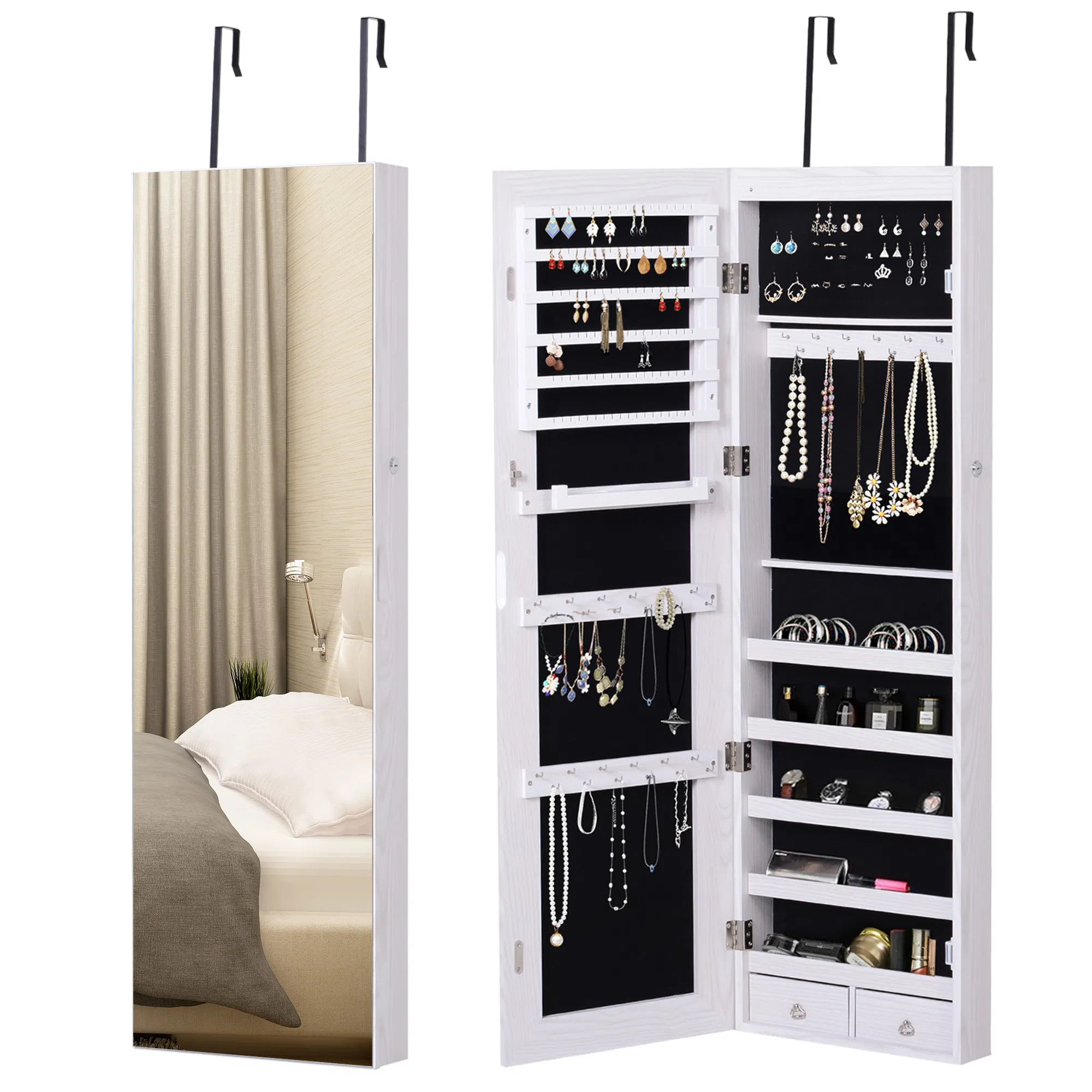 LED Lighted Mirror Jewelry Cabinet Wall Door Mounted Storage Organizer Armoire Wood Grain…