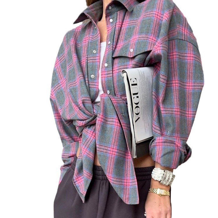 Ozon Women's Shirt Retro Style Loose Spring Autumn Winter Plaid Long-Sleeve Pocket Shirt…