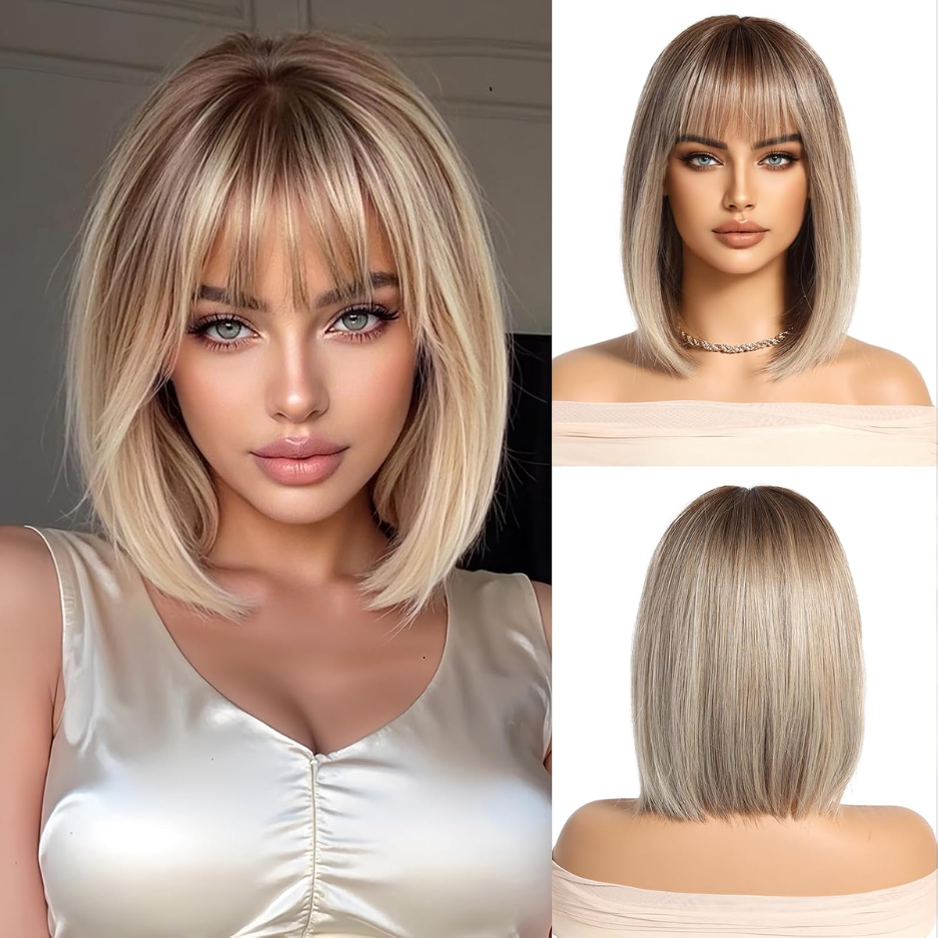 Blonde Wig With Bangs Short Bob Straight Wig For Women Synthetic Hair Wigs For Daily…