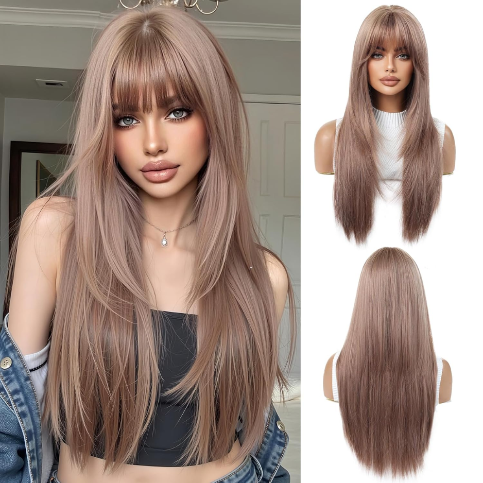 Blonde Wigs For Women With Bangs Long Natural Straight Synthetic Hair Heat Resistant Wigs…