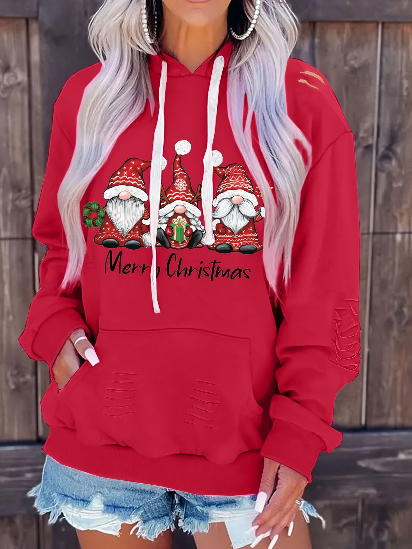 European And American Autumn Women's Clothing Christmas Gnome Print Distressed Pocket…