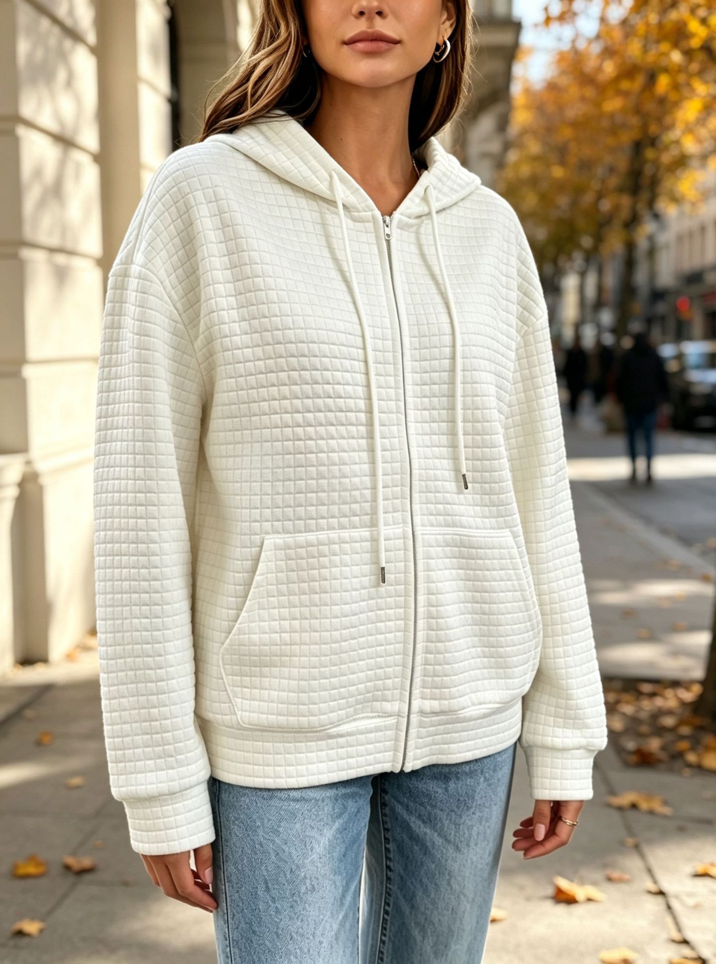 Solid Color Waffle Loose-fit Drop-shoulder Long-sleeve Pocket Casual Sweatshirt Jacket…