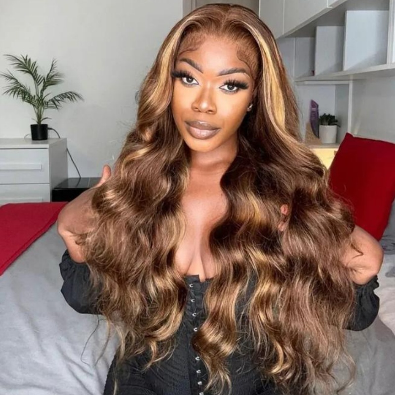 24inch Brown Highlight Body Wave Wear Go Wig 7x5 Lace Closure 180% Color Draw String…