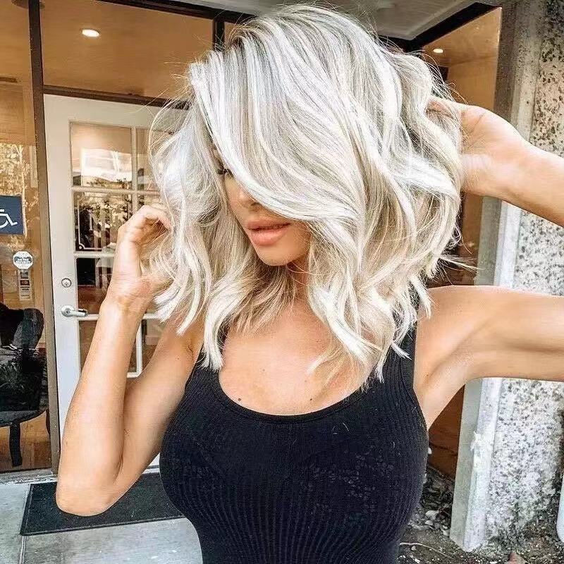 Womens Blunt Bangs Short Curly Wig, Water-wave Style