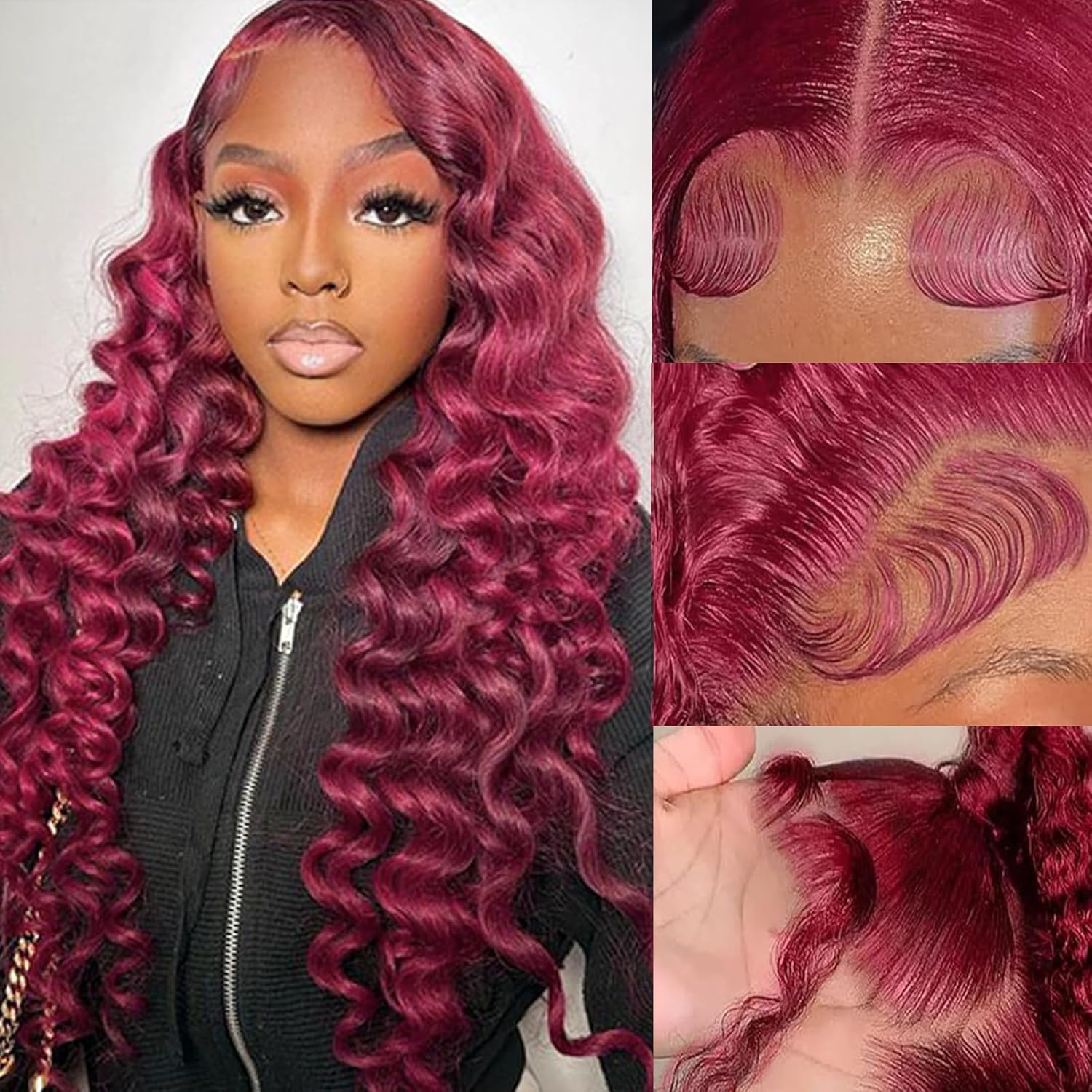 13x4 Lace Front Loose Wave Human Hair Wig Burgundy Red Density