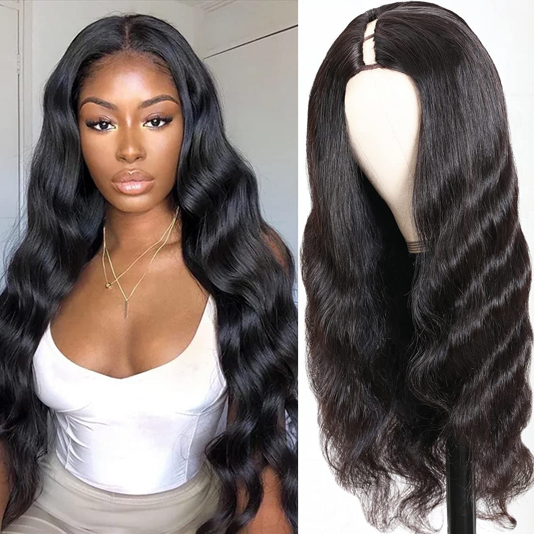 V-Part Human Hair Wig Body Wave, Natural Color, Density