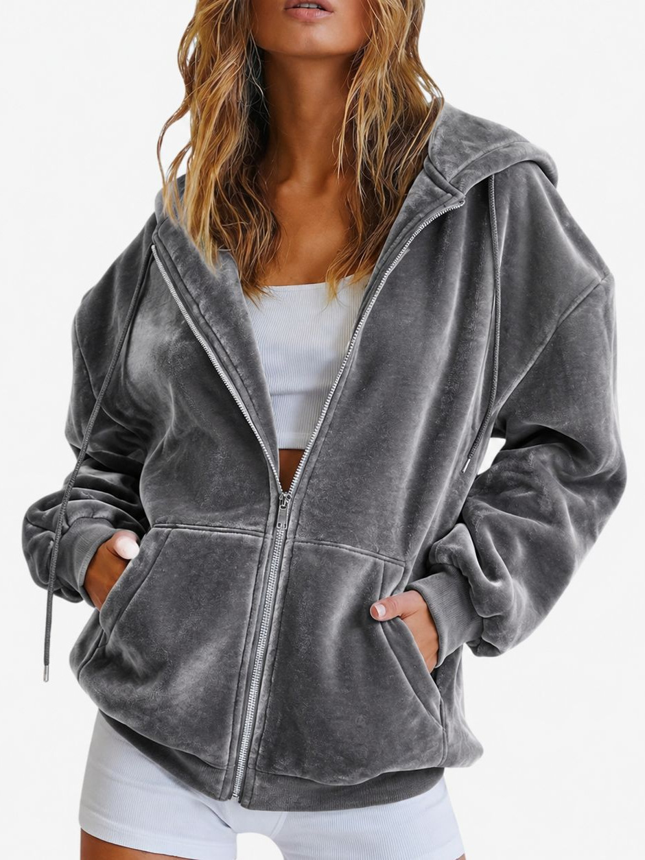 European And American Velvet Hooded Sweatshirt Autumn And Winter Loose Zipper Cardigan…