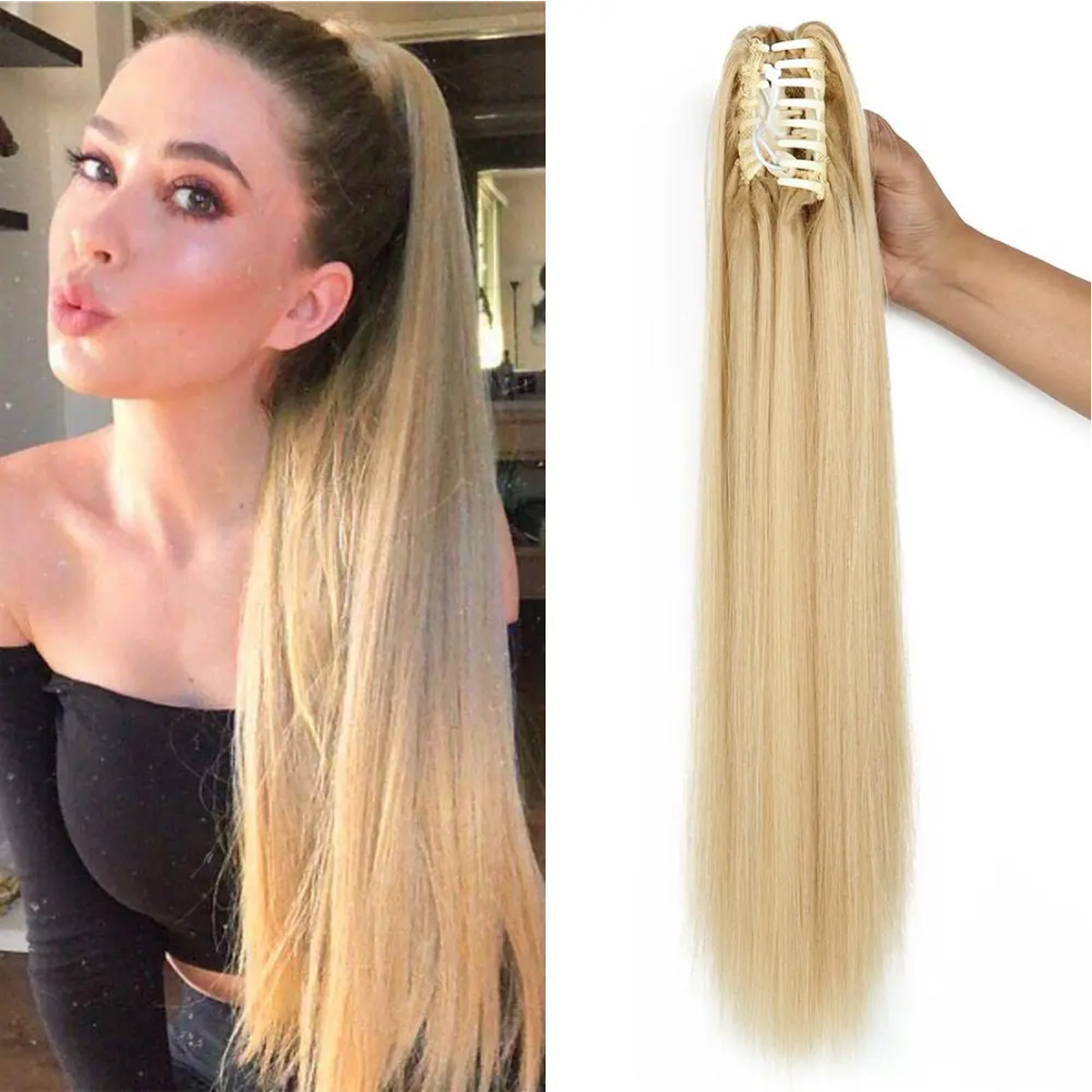 Womens Long Straight Ponytail Wig With Clip-In Medium-Length Straight Ponytail