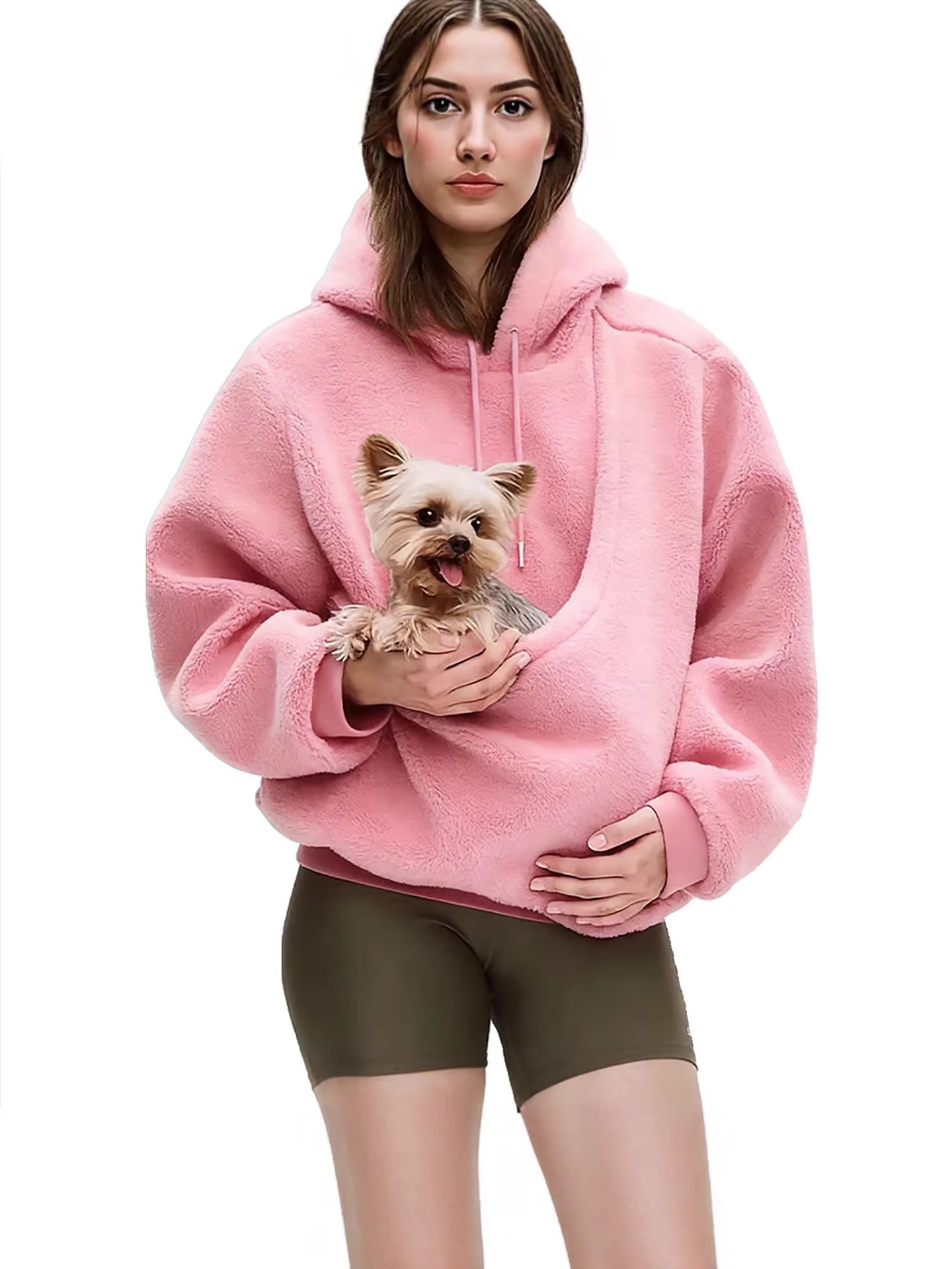 Model European And American Autumn And Winter Solid Color Hooded Plush Pet Pocket Loose…