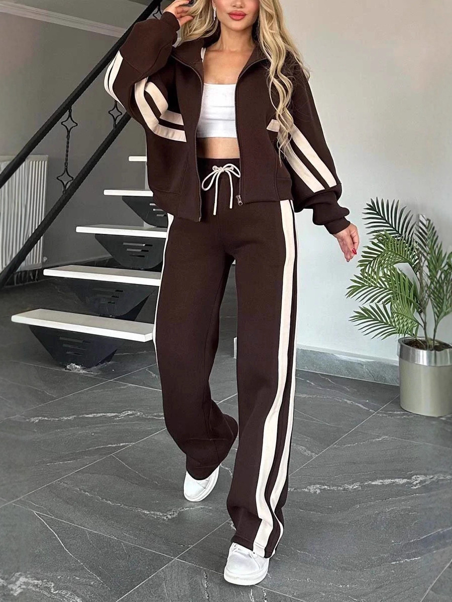 European And American Autumn Y2K Striped Zip-Up Jacket Casual Sports Suit For Women