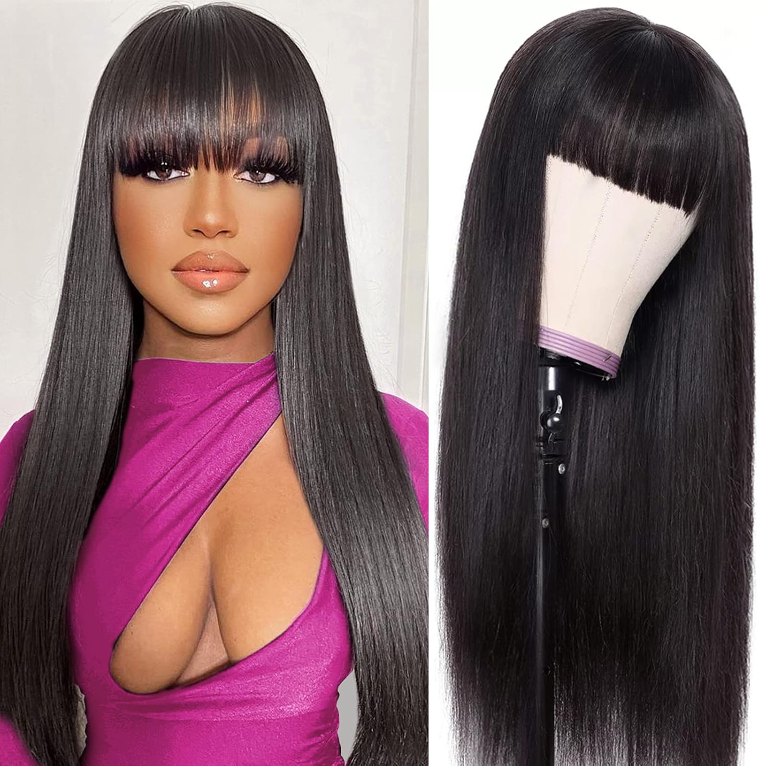 Machine-made Straight Human Hair Wig With Bangs, Natural Color, Density