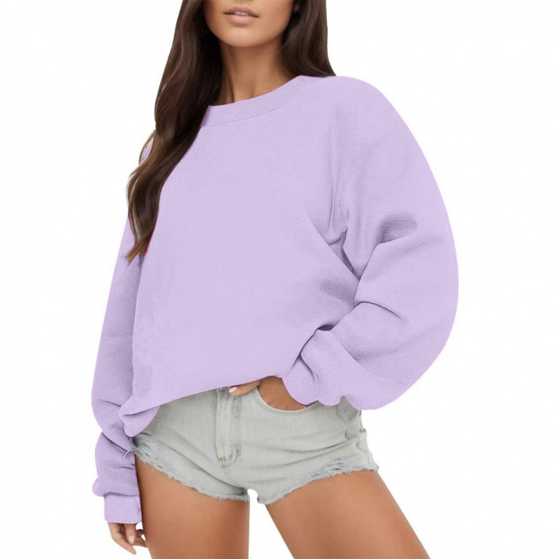 Womens Fleece-lined Crew-neck Casual Loose-fitting Top