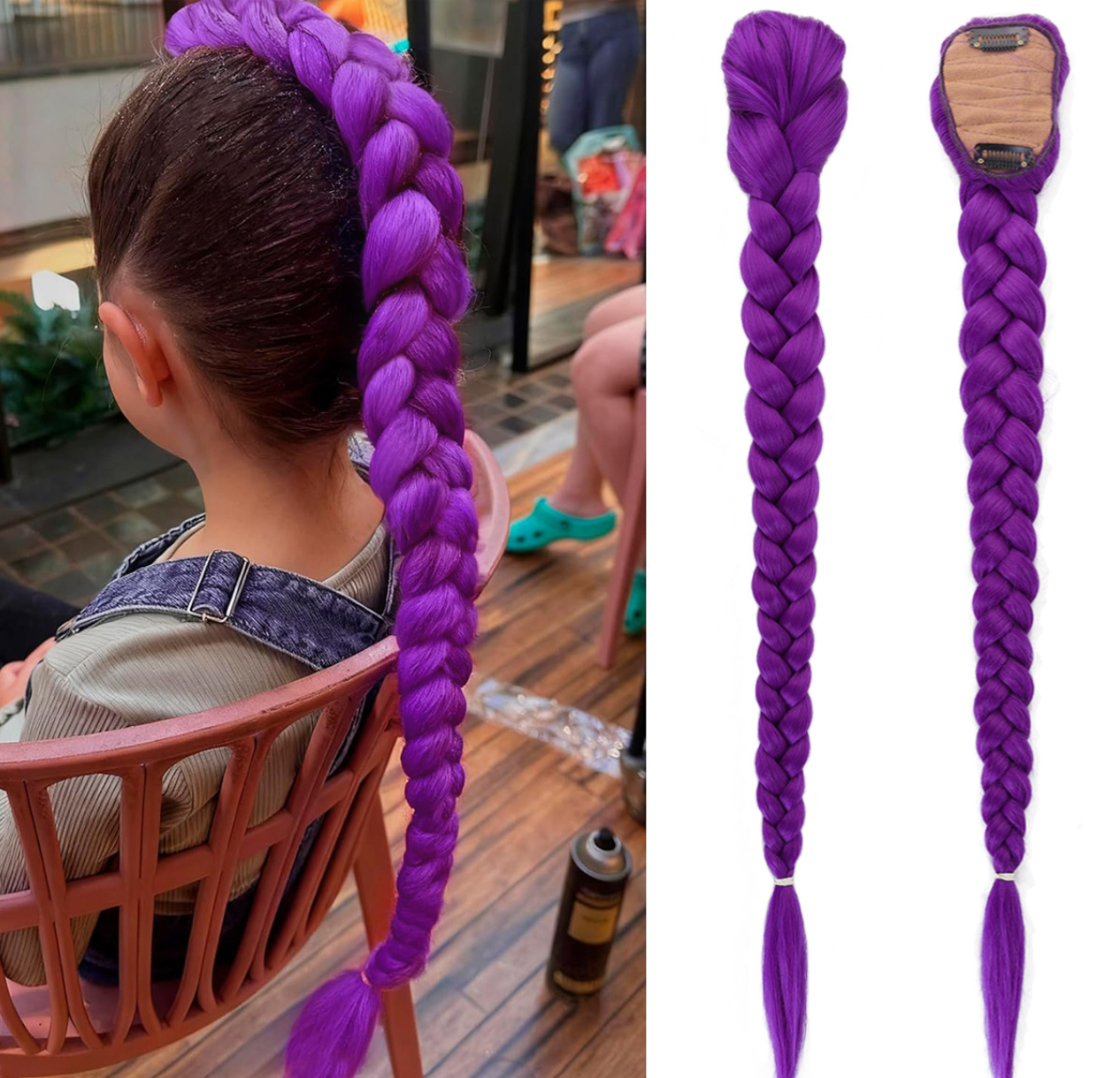 Clip-in Chunky Braided Ponytail Hair Extension, Colorful Synthetic Pre-braided Braid…